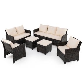 Conjunto de jardín de ratán 6 piezas beige con 2 sofás, 2 sillones, 2 reposapiés y 16 cojines