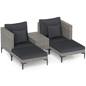 Conjunto de ratán exterior 5 piezas con mesa auxiliar, 2 sofás, 2 reposapiés y cojines grises