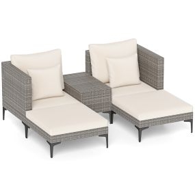 Conjunto de ratán exterior 5 piezas con mesa auxiliar, 2 sofás, 2 reposapiés y cojines blancos