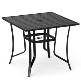 Mesa Cuadrada Exterior para 4 Personas con Agujero Sombrilla Ajustable Estructura Metal Tablero Listones Balcón Terraza Negro