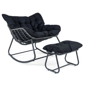 Silla Mecedora con Reposapiés de Ratán PE Cojines Extraíbles Estructura Metálica Antideslizante Carga 150kg para Salón Balcón Negro