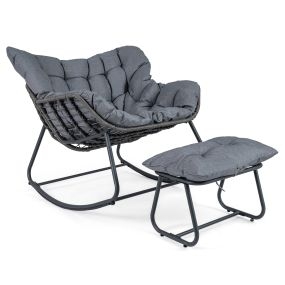 Silla Mecedora con Reposapiés de Ratán PE Cojines Extraíbles Estructura Metálica Antideslizante Carga 150kg para Salón Balcón Gris