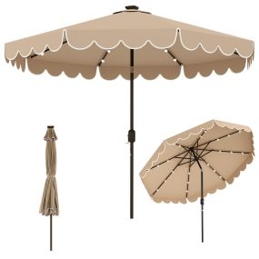 Sombrilla Solar de Patio de 300 cm con 24 Luces LED Parte Superior Ventilada Volantes Ajuste de Inclinación Café