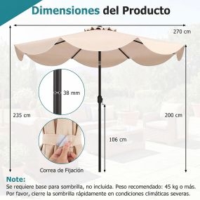 Sombrilla de terraza exterior 270 cm beige con inclinación bidireccional 30°, 8 varillas y manivela