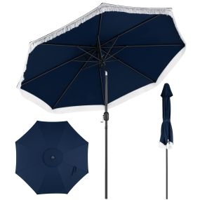 Sombrilla 270cm Terraza Exterior con Inclinación Bidireccional 30° 8 Varillas Metálicas Manivela y Flecos Decorativos para Patio Azul Marino