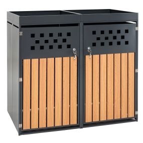 Cobertizo para papelera exterior con cerradura y macetero de acero galvanizado 240 L negro y madera natural