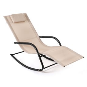 Silla Mecedora Exterior Transpirable con Reposabrazos Curvos y Reposacabezas Desmontable para Balcón Patio Terraza Carga 160kg Beige
