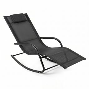 Silla Mecedora Exterior Transpirable con Reposabrazos Curvos y Reposacabezas Desmontable para Balcón Patio Terraza Carga 160kg Negro