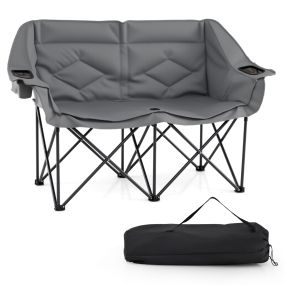 Silla Camping Plegable 2 Personas Gran Tamaño con Portavasos Bolsillos Bolsa Transporte Acolchada para Picnic Pesca Playa 300kg Gris