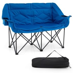 Silla Camping Plegable 2 Personas Gran Tamaño con Portavasos Bolsillos Bolsa Transporte Acolchada para Picnic Pesca Playa 300kg Azul