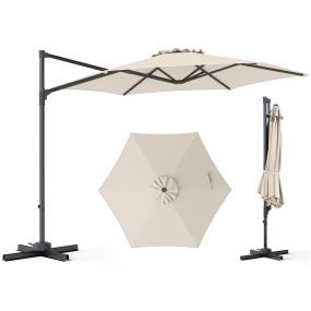 Sombrilla Voladiza 292x292x240cm con Rotación 360° Varillas Metálicas Base Cruzada para Patio Terraza Piscina Beige