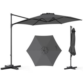 Sombrilla Voladiza 292x292x240cm con Rotación 360° Varillas Metálicas Base Cruzada para Patio Terraza Piscina Gris