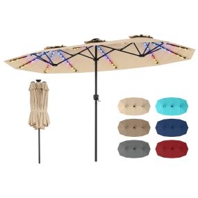 Sombrilla doble resistente 400x210 cm con 108 luces LED solares y 12 varillas de metal beige