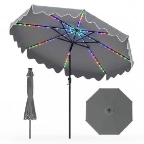 Sombrilla de jardín 280 cm con luz solar ajustable, manivela, 8 varillas, flecos e inclinación gris