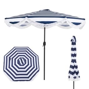 Sombrilla φ270 cm con flecos, inclinación ajustable, protección solar, 8 varillas metálicas, manivela, azul