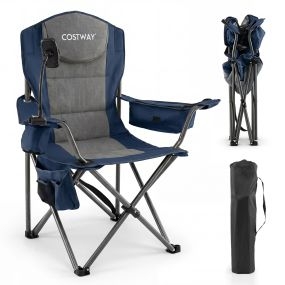 Silla de camping plegable azul con apoyabrazos ajustables, respaldo alto, bolsa nevera y portavasos, 200 kg