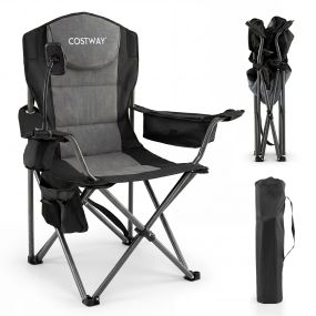 Silla de camping plegable con apoyabrazos ajustables, respaldo alto, bolsa nevera y portavasos, negro, 200 kg