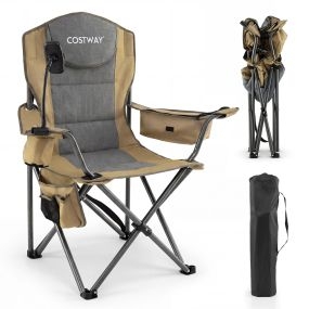 Silla de camping plegable con apoyabrazos ajustables, respaldo alto, bolsa nevera y portavasos, verde, carga 200 kg