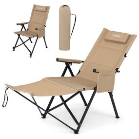 Silla de camping con respaldo alto y reposapiés desmontable ajustable caqui 127 x 52 x 103 cm
