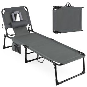 Tumbona Plegable Exterior Reclinable Agujeros Cara Brazos Respaldo Ajustable Bolsillos Portátil Playa Piscina 150kg Gris