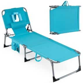 Tumbona Plegable Exterior Reclinable Agujeros Cara Brazos Respaldo Ajustable Bolsillos Portátil Playa Piscina 150kg Turquesa