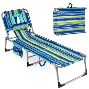 Tumbona Plegable Exterior Reclinable Agujeros Cara Brazos Respaldo Ajustable Bolsillos Portátil Playa Piscina 150kg Rayas Azules