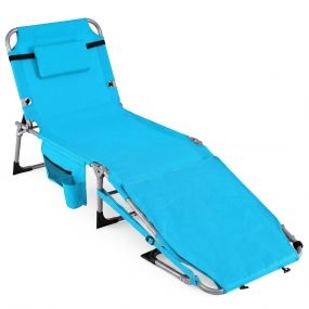 Tumbona Plegable de Playa con Abertura para Cara y Almohada Extraíble Respaldo en 4 Posiciones con Correa y Asa para Piscina Jardín Azul