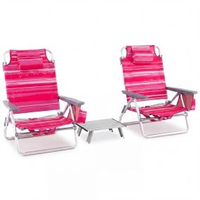 Juego de 3 piezas mesa y sillas de playa con sillas reclinables, aluminio plegable, mochila, 5 posiciones, rayas rosas