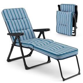 Tumbona plegable acolchada con respaldo 4 niveles y reposapiés 2 niveles azul y blanco