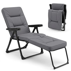 Tumbona plegable con asiento acolchado, respaldo 4 niveles, reposapiés 2 niveles, metal, gris