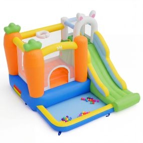 Castillo Hinchable Infantil Tema Conejo con Tobogán Piscina de Bolas Rocódromo Bolsa Transporte para 3-12 Años Jardín Patio