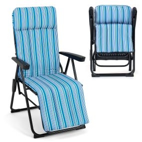 Tumbona plegable con respaldo 6 posiciones, cojín acolchado y apoyabrazos, azul y blanco