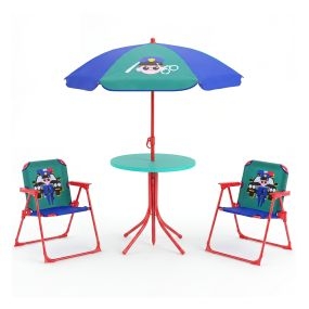 Set de Mesa Picnic Infantil de 4 Piezas con 2 Sillas Plegables y Sombrilla Altura Ajustable para Niños 3-6 Años Jardín Patio Azul+Verde