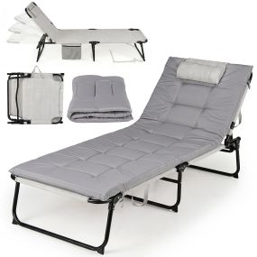 Tumbona plegable con respaldo ajustable 4 posiciones, cojín desmontable, metal, gris, 120 kg