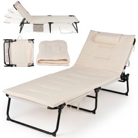 Tumbona plegable con respaldo ajustable 4 posiciones, cojín desmontable, metal, beige, 120 kg