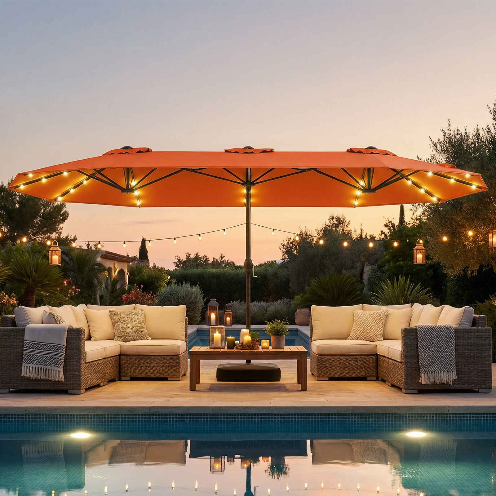 Sombrilla Doble Grande 400cm con Base Luz LED Solar Manivela 12 Varillas Ventilaciones Rectangular para Playa Patio Jardín Naranja
