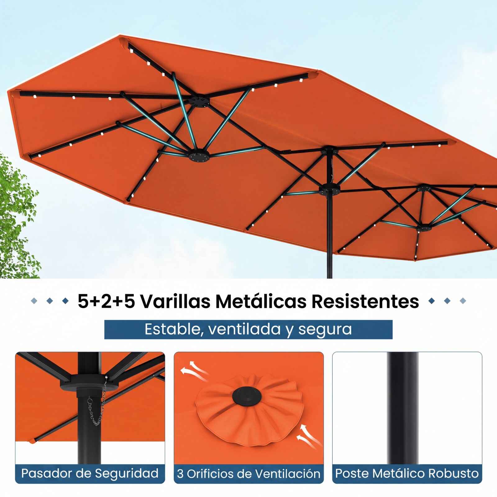 Sombrilla Doble Grande 400cm con Base Luz LED Solar Manivela 12 Varillas Ventilaciones Rectangular para Playa Patio Jardín Naranja