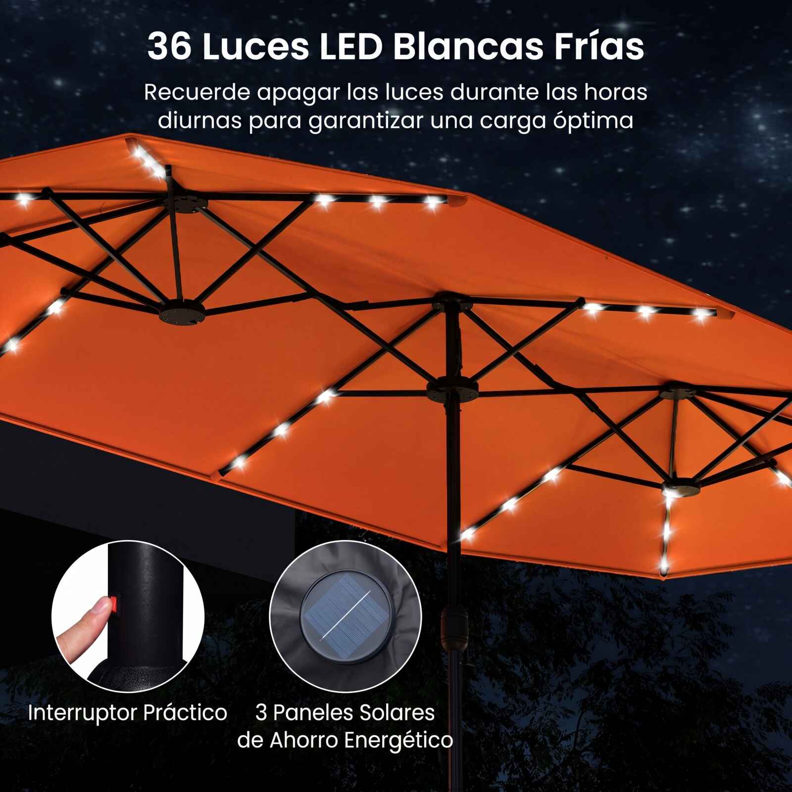 Sombrilla Doble Grande 400cm con Base Luz LED Solar Manivela 12 Varillas Ventilaciones Rectangular para Playa Patio Jardín Naranja