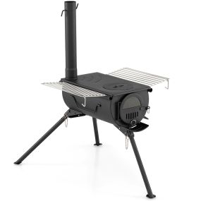 Estufa de Leña para Tienda de Campaña con Ventana de Vidrio Patas Plegables Chimenea Extensible Rejilla Auxiliar 83,5 x 58 x 235 cm Negro