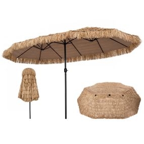 Sombrilla doble de paja PE marrón 450 x 270 x 252 cm sin luces ni base para jardín y terraza