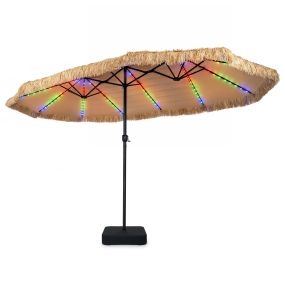 Sombrilla doble cara de paja con luces LED solares y base pesada marrón 450 x 270 x 252 cm