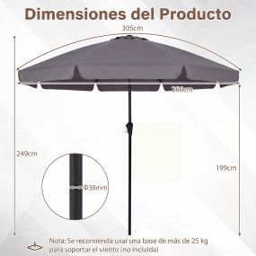 Sombrilla de terraza exterior grande 286 cm gris con inclinación bidireccional y manivela