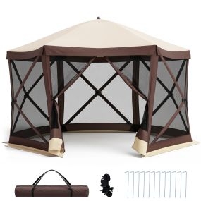 Carpa plegable gazebo hexagonal con puerta de cremallera, paredes de malla, postes de fibra de vidrio y estacas para patio y camping, 6-8 personas