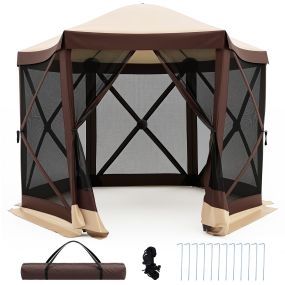 Carpa plegable gazebo hexagonal con puerta cremallera, paredes de malla, postes de fibra de vidrio, estacas, para patio y camping, 4-6 personas