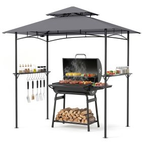 Gazebo de parrilla exterior con techo doble estructura metal 2 estantes 8 ganchos gris 245 x 151 x 248 cm