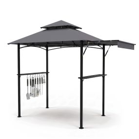 Cenador de barbacoa con toldo doble alero, estructura metálica, 2 estantes, gris, 244 x 148 x 254 cm