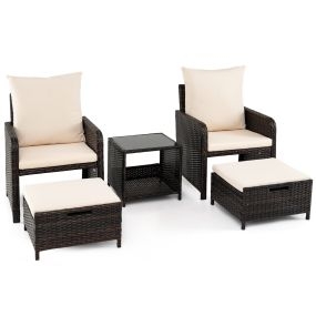 Conjunto de muebles de jardín de ratán 5 piezas con cojines y mesa de vidrio templado beige