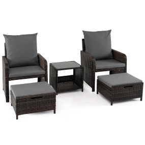 Conjunto de ratán exterior 5 piezas con mesa de vidrio templado y cojines mullidos gris