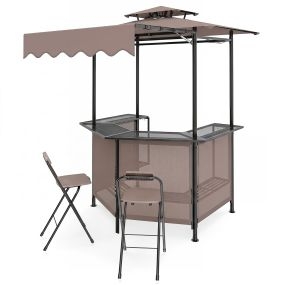 Caseta para barbacoa marrón con barra almacenable y dos taburetes plegables 229 x 177 x 160 cm
