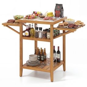 Mesa de Barbacoa de Madera de Acacia con Bandejas Laterales Plegables y Estantes Almacenaje para BBQ Fiesta Patio Jardín